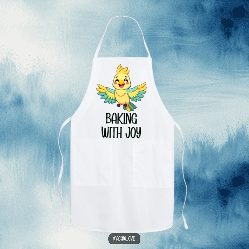 Funny cheerful macaw character spreading its wings wide with a happy grin, on a functional apron for kitchen cheer.