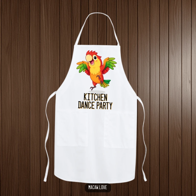 Funny red and green macaw character in a joyful dance pose, printed on a functional apron for kitchen fun.