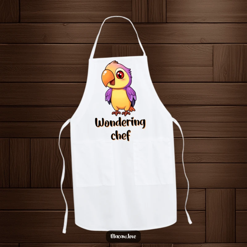 Funny purple and orange macaw character tilting its head inquisitively, on a functional apron for kitchen explorations.