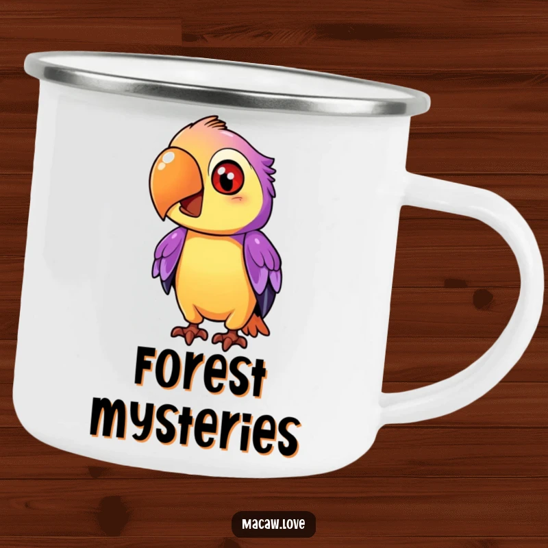 Funny purple and orange macaw character tilting its head inquisitively, perfect for an enamel camping mug for outdoor contemplation.