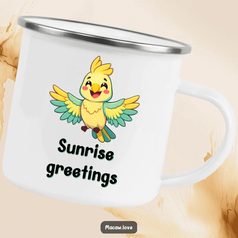 Funny cheerful macaw character spreading its wings wide with a happy grin, perfect for an enamel camping mug for outdoor joy.