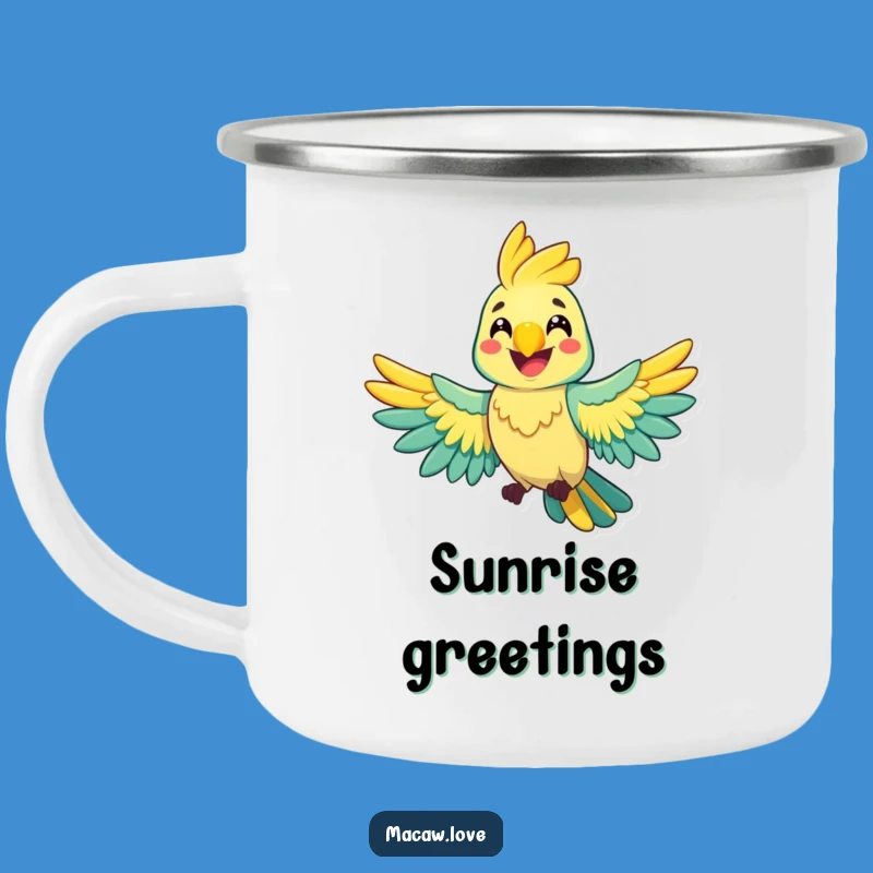 Funny Cheerful Macaw Camping Mug - Adventure & Smiles On-the-Go!