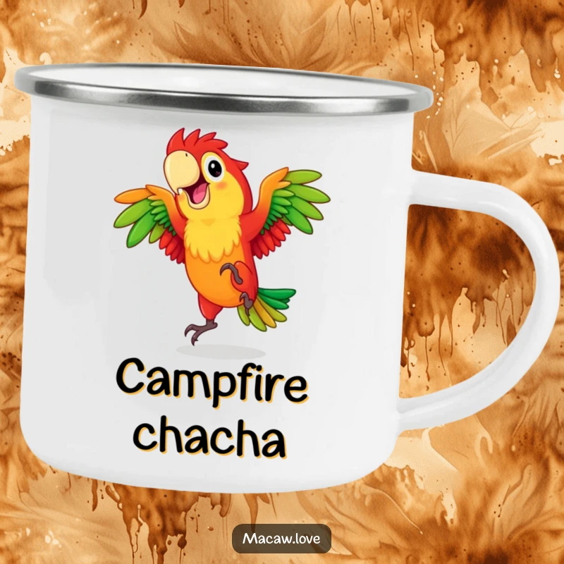 Funny red and green macaw character joyfully dancing, perfect for an enamel camping mug for outdoor fun and cheer.