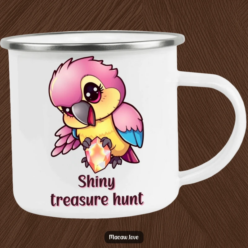 Funny mischievous macaw character with iridescent feathers pecking at a sparkling gem, perfect for an enamel camping mug for outdoor adventures.