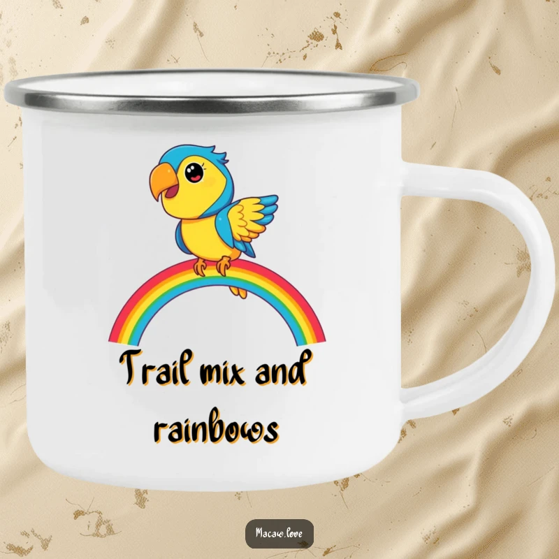 Funny blue and yellow macaw character balancing on a bright rainbow, perfect for an enamel camping mug for outdoor adventures.