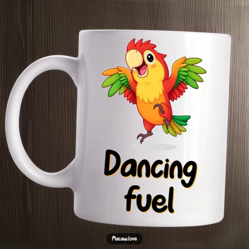 Funny red and green macaw character energetically dancing with pure joy, bringing a vibrant and cheerful vibe.