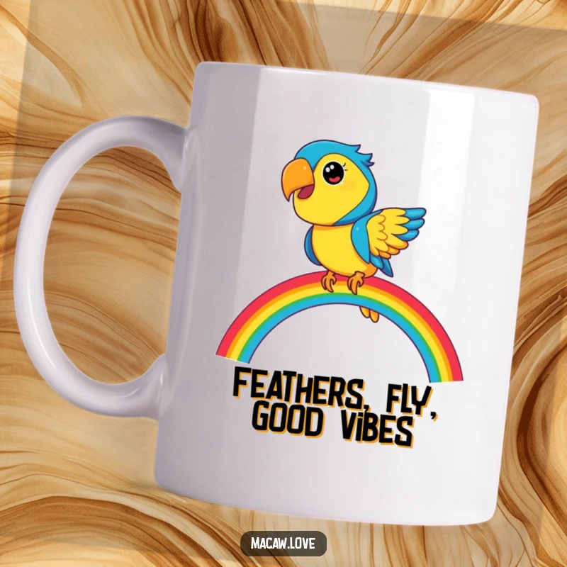 Funny blue and yellow macaw character playfully balancing on a vibrant rainbow, bringing joy and color to your day.