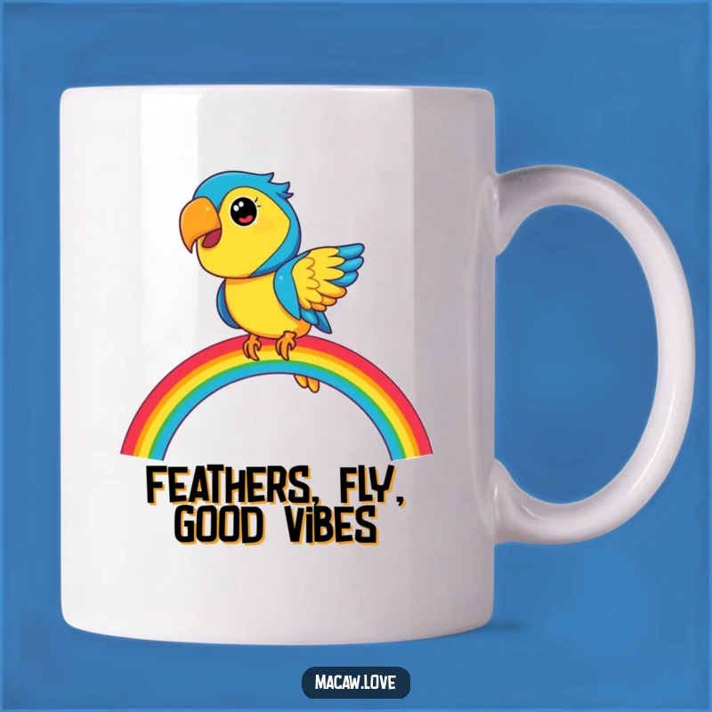 Funny Blue & Yellow Macaw Balancing on Rainbow Mug - Perfect Joyful Gift!