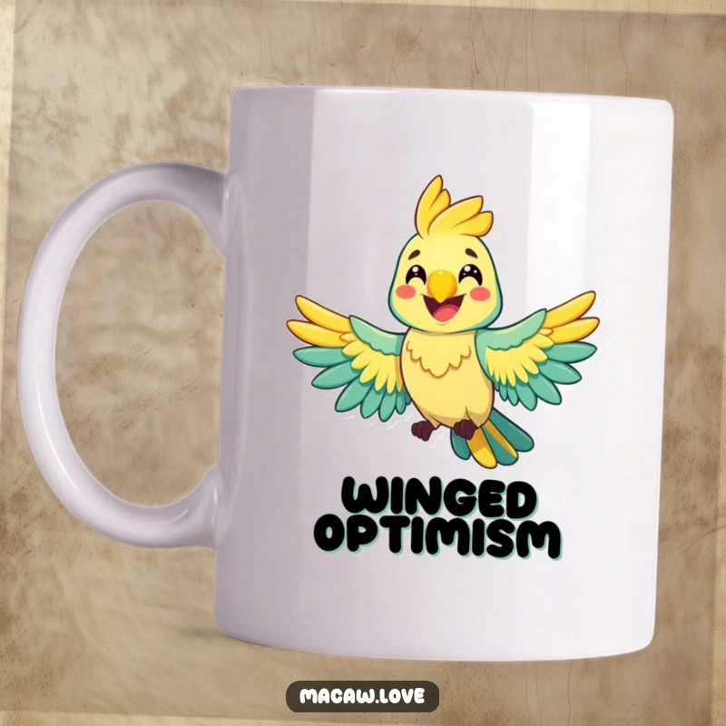 Funny cheerful macaw character spreading its wings wide with a huge, happy grin, radiating pure joy and optimism.