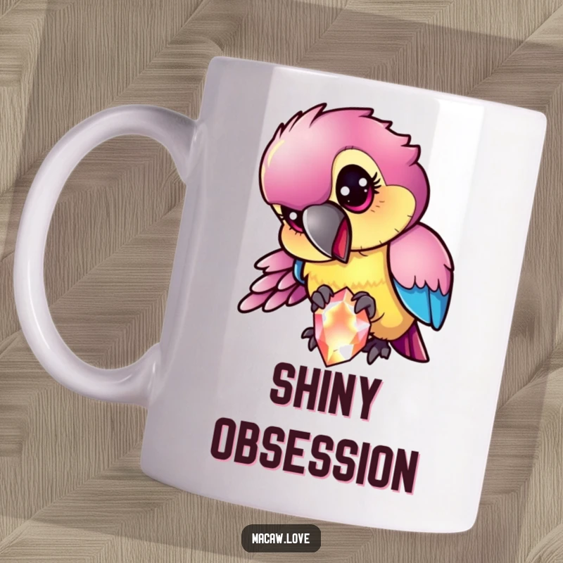 Funny mischievous macaw character with iridescent feathers pecking at a sparkling gem, showing a playful and treasure-loving nature.