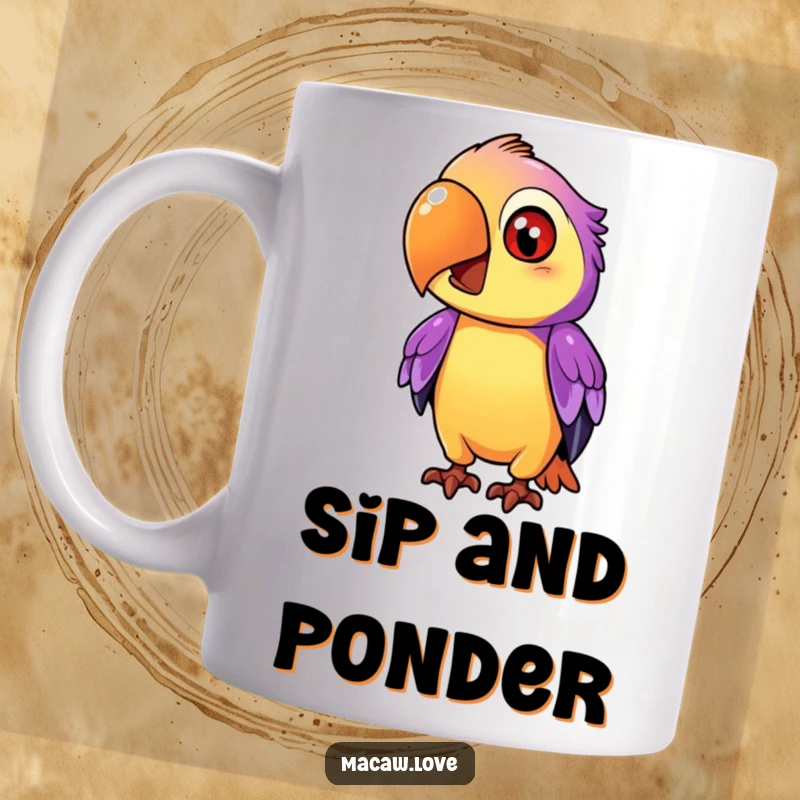 Funny purple and orange macaw character tilting its head inquisitively, showing a curious and thoughtful expression.