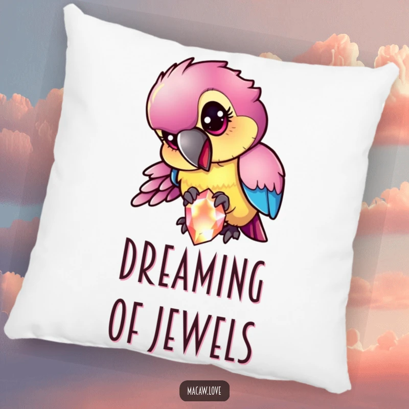 Funny mischievous macaw character with iridescent feathers pecking at a sparkling gem, featured on a soft pillow for cozy decor.