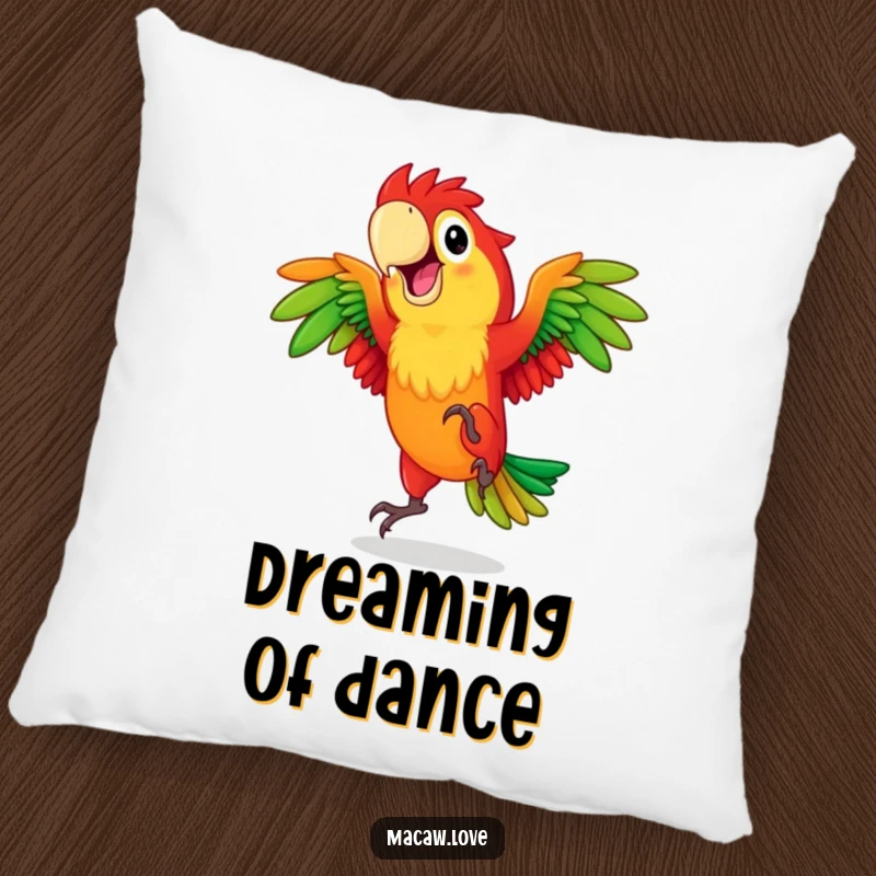 Funny red and green macaw character joyfully dancing, featured on a soft pillow for comfortable and cheerful home accents.