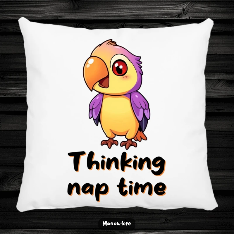 Funny purple and orange macaw character tilting its head inquisitively, featured on a soft pillow for comfortable decor.