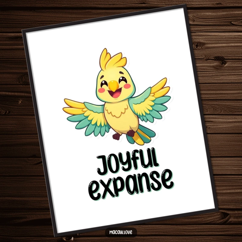 Funny cheerful macaw character spreading its wings wide with a happy grin, available as a digital art print for instant decor.