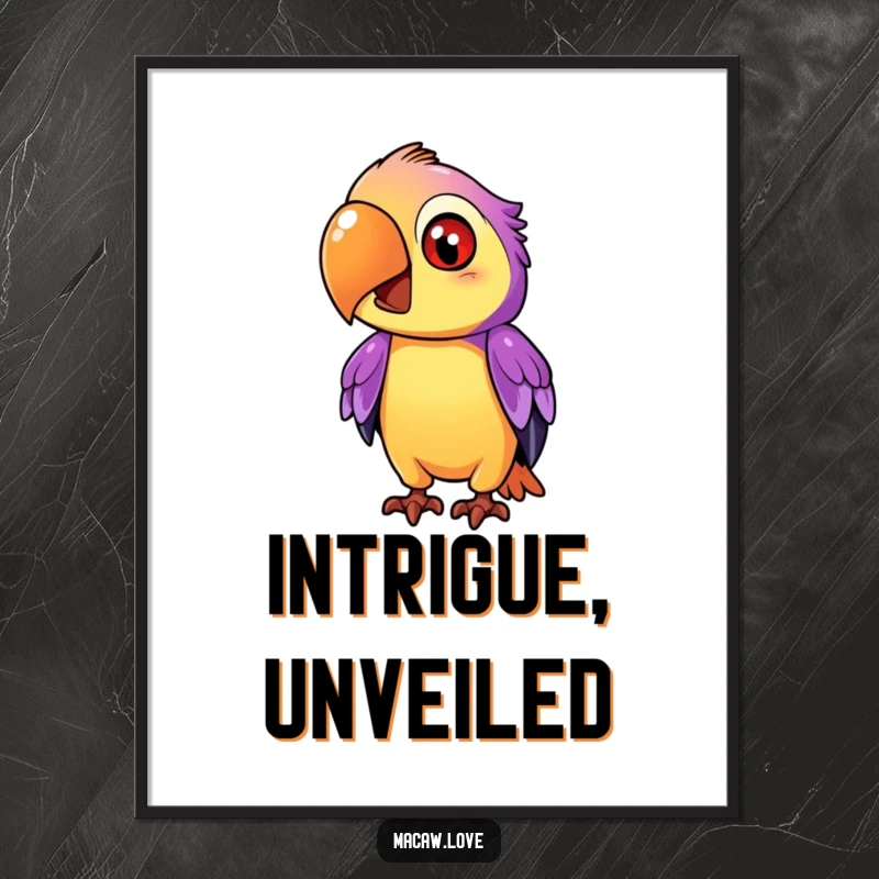 Funny purple and orange macaw character tilting its head inquisitively, available as a digital art print for instant decor.