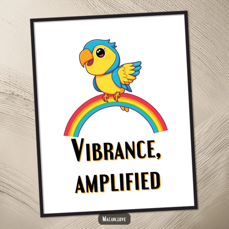 Funny blue and yellow macaw character balancing on a vibrant rainbow, available as a digital art print for instant colorful decor.
