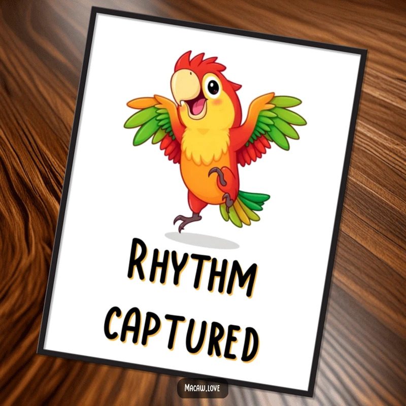 Funny red and green macaw character captured mid-dance, available as a digital art print for instant joyful decor.