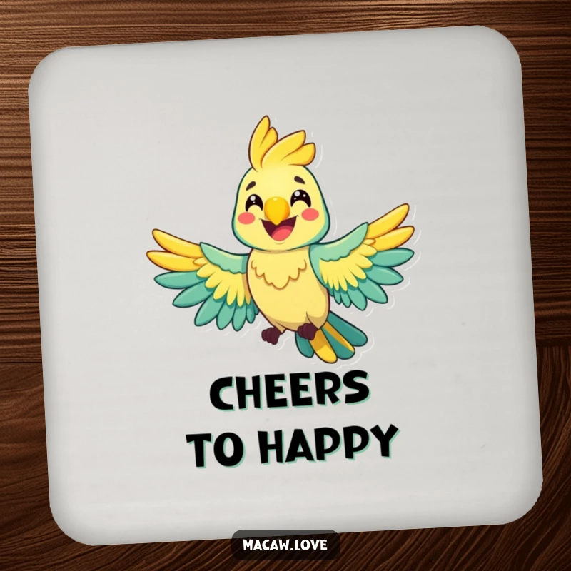 Funny cheerful macaw character spreading its wings wide with a happy grin, depicted on a drink coaster for stylish surface protection.