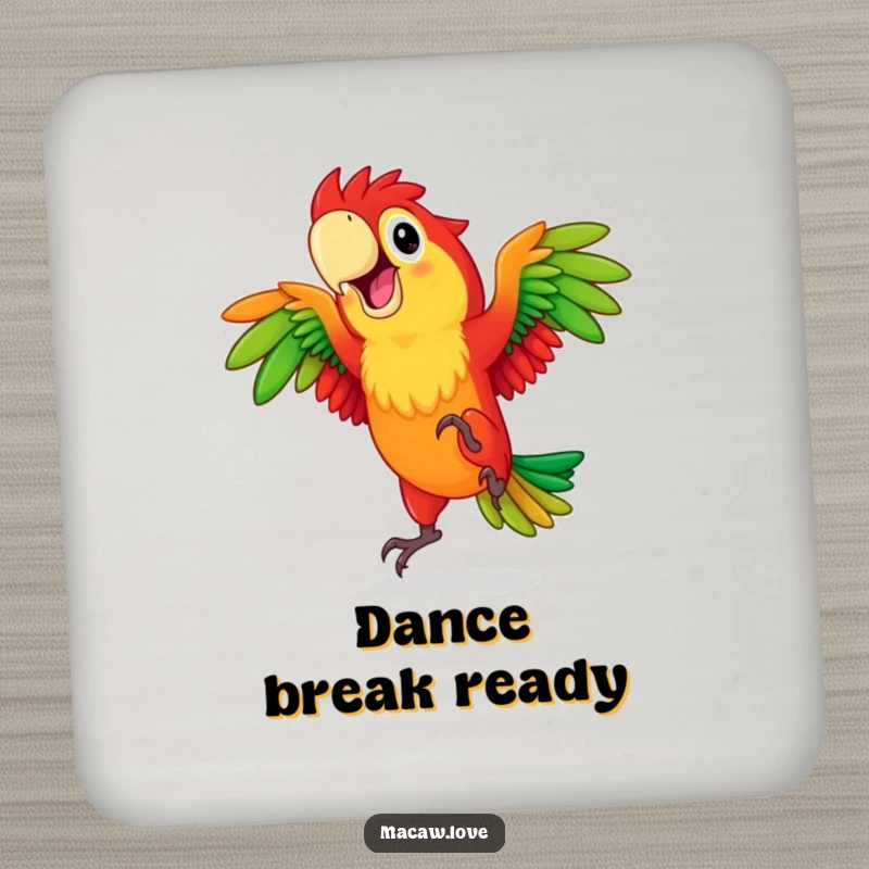 Funny red and green macaw character in a joyful dance pose, depicted on a drink coaster for stylish surface protection.