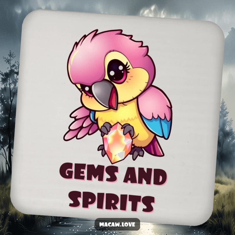 Funny mischievous macaw character with iridescent feathers pecking at a sparkling gem, depicted on a drink coaster for stylish surface protection.