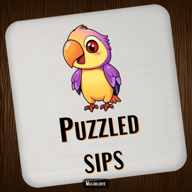 Funny purple and orange macaw character tilting its head inquisitively, depicted on a drink coaster for stylish surface protection.