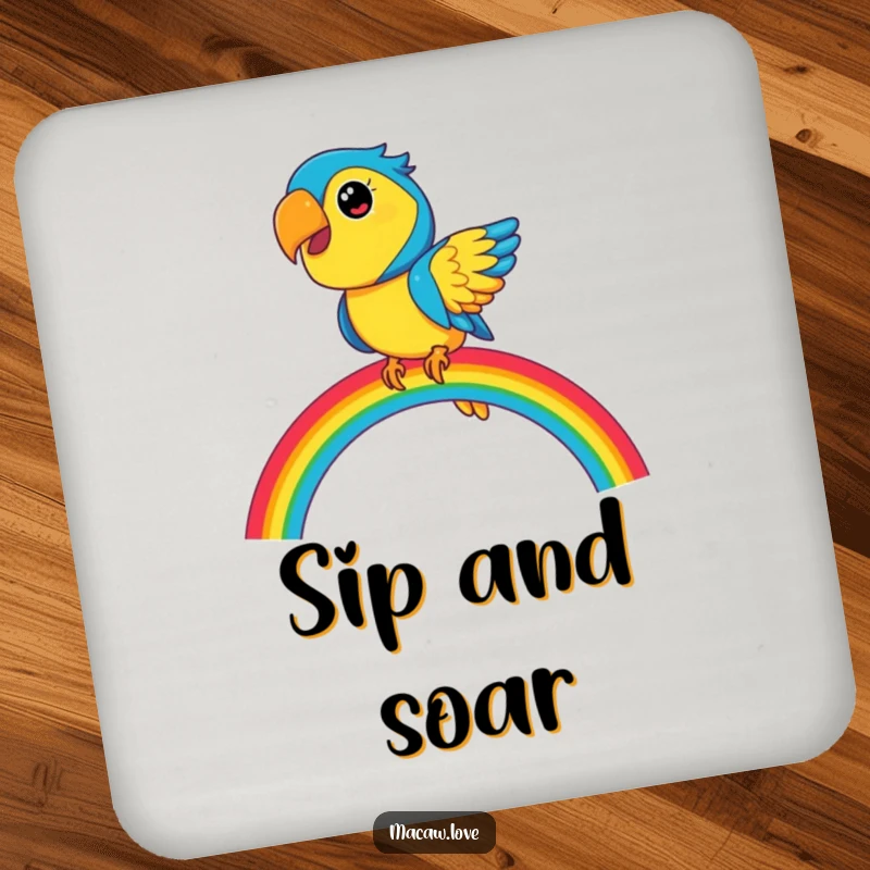 Funny blue and yellow macaw character balancing on a bright rainbow, depicted on a drink coaster for stylish surface protection.