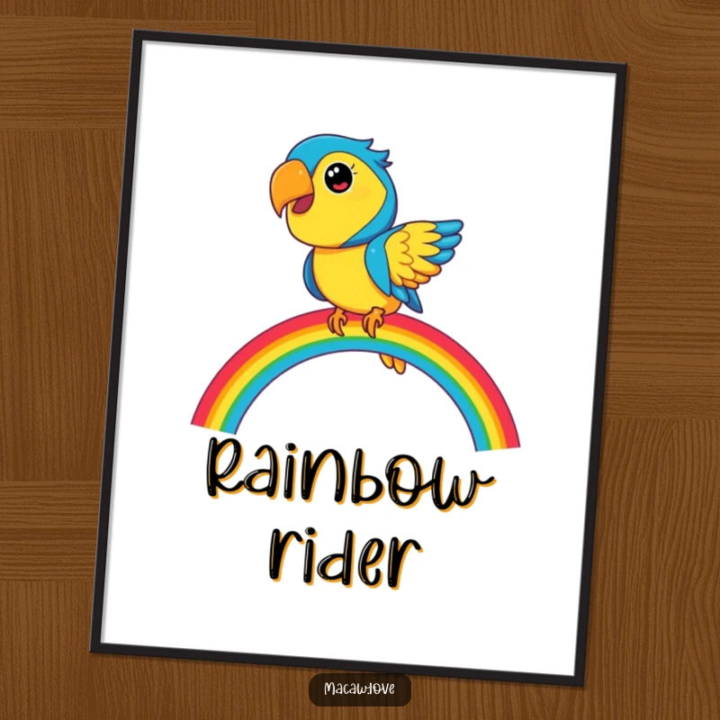 Funny blue and yellow macaw character humorously balancing on a bright rainbow, creating visually striking and cheerful wall art.