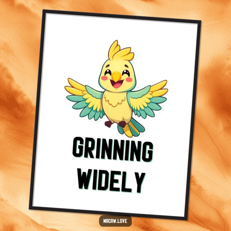 Funny cheerful macaw character spreading its wings wide with a happy grin, creating vibrant and joyful wall art.