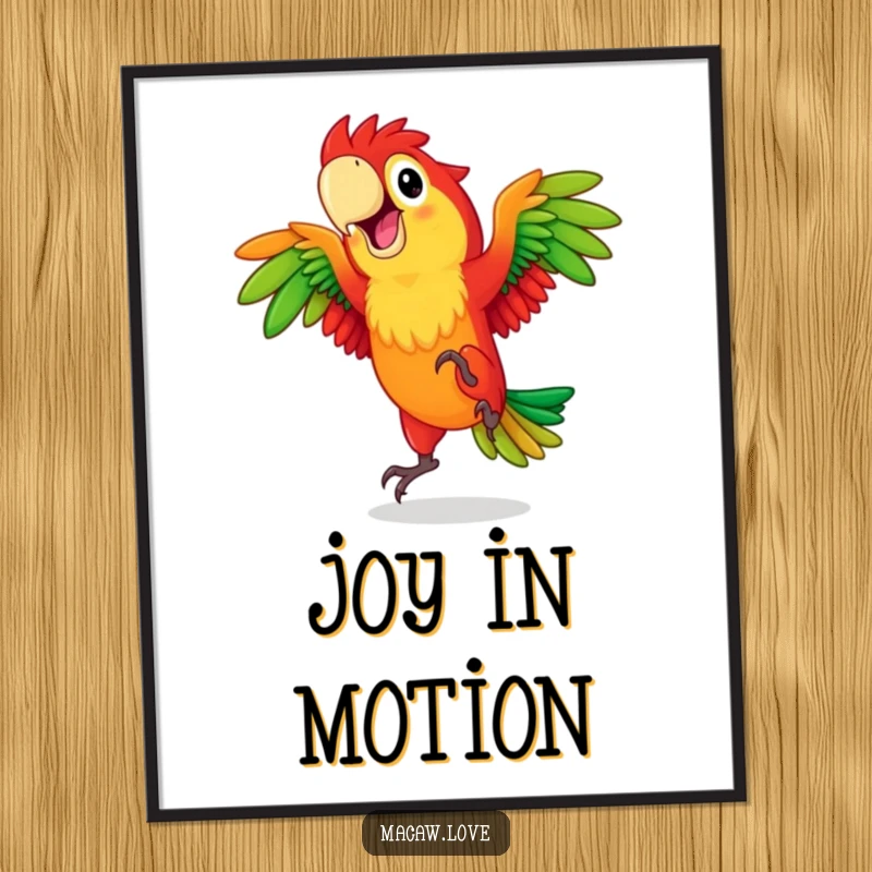 Funny red and green macaw character captured in a vibrant, joyful dance, creating energetic wall art for any room.