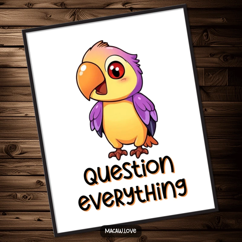 Funny purple and orange macaw character tilting its head inquisitively, creating thought-provoking and colorful wall art.