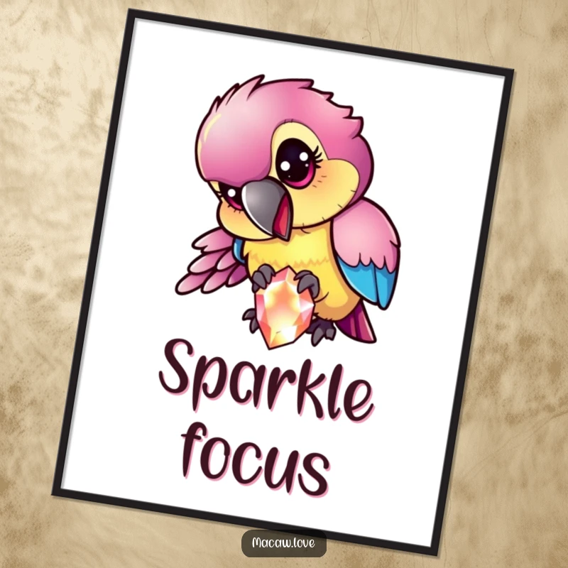 Funny mischievous macaw character with iridescent feathers pecking at a sparkling gem, creating dazzling and intriguing wall art.