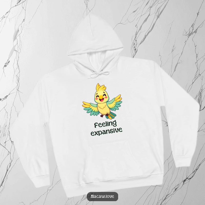 Funny cheerful macaw character spreading its wings wide with a happy grin, featured on a warm hoodie for comfort.