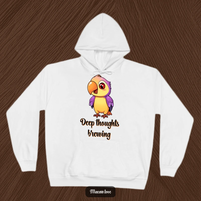 Funny purple and orange macaw character tilting its head inquisitively, featured on a warm hoodie for thoughtful comfort.