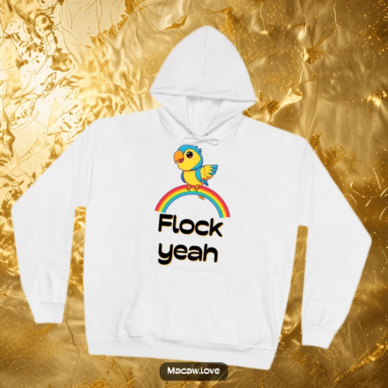 Funny blue and yellow macaw character humorously balancing on a bright rainbow, offering warmth and cheer in a cozy hoodie.