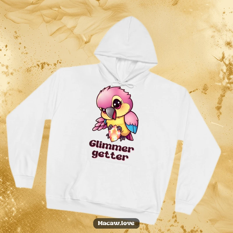 Funny mischievous macaw character with iridescent feathers pecking at a sparkling gem, featured on a warm hoodie for comfort.