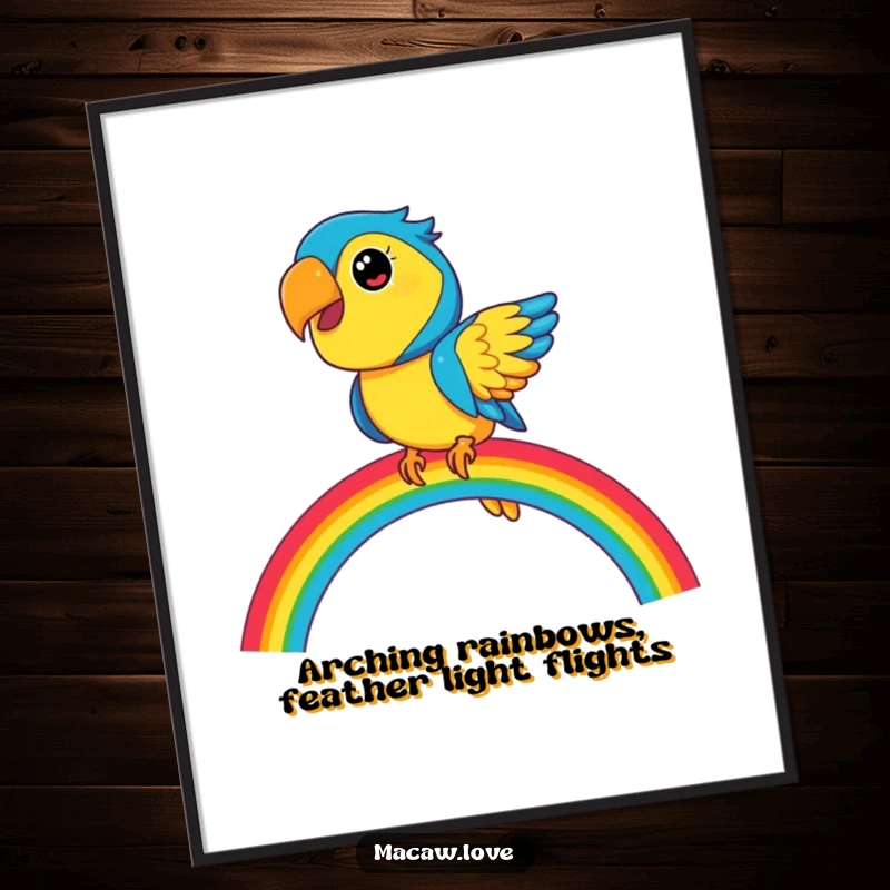 Funny Free Printable Wall Art: A blue and yellow macaw artistically balancing its weight on a vibrant rainbow.
