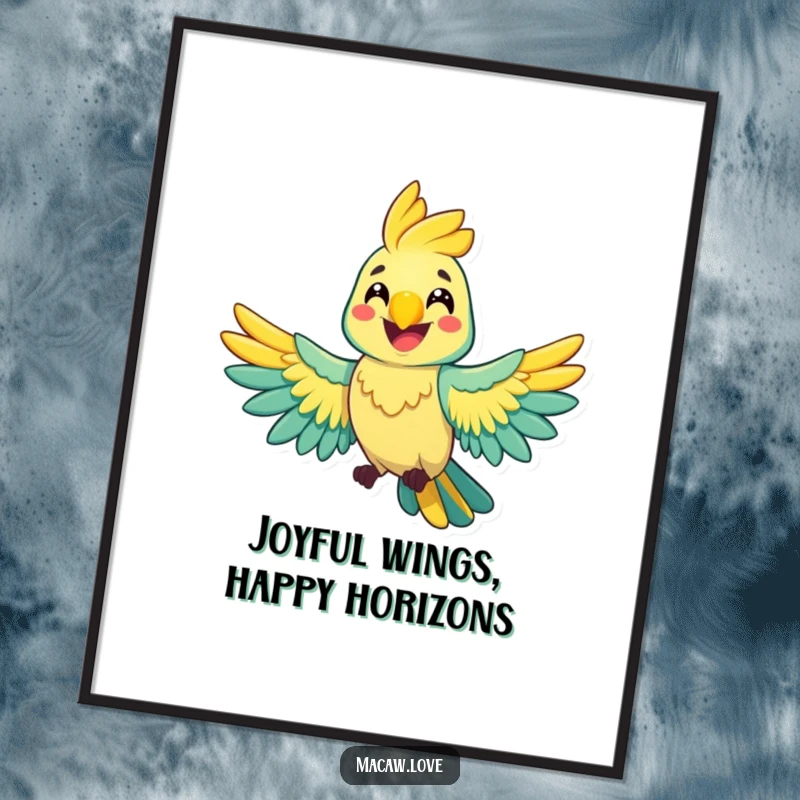 Funny Free Printable Wall Art: A grinning macaw joyfully spreading its magnificent wings in a celebratory pose.