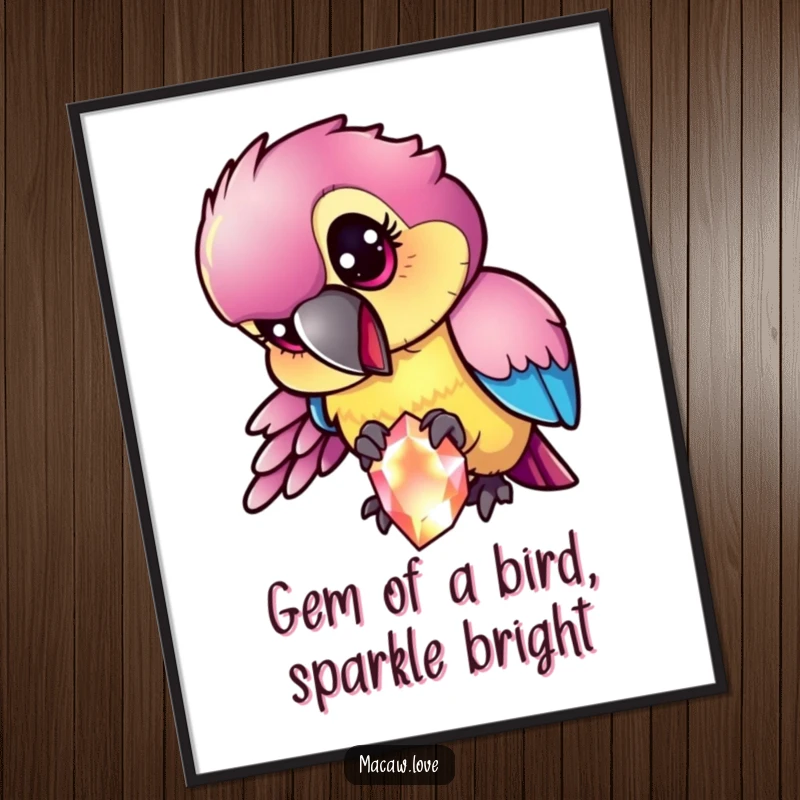 Funny Free Printable Wall Art: An iridescent macaw with a mischievous glint pecking at a dazzling sparkling gem.