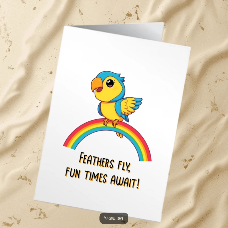 Funny Free Printable Birthday Card: Blue and yellow macaw joyfully balancing on a vibrant rainbow, ready to celebrate.