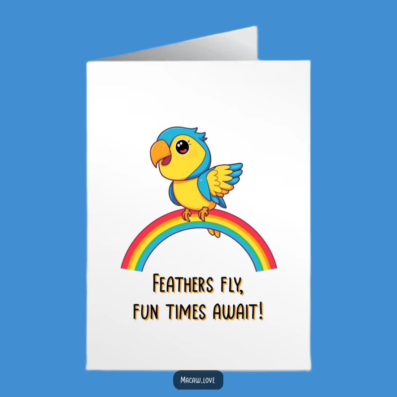 Free Printable Funny Birthday Card: Playful Macaw Rainbow Balance - Downloadable Greeting