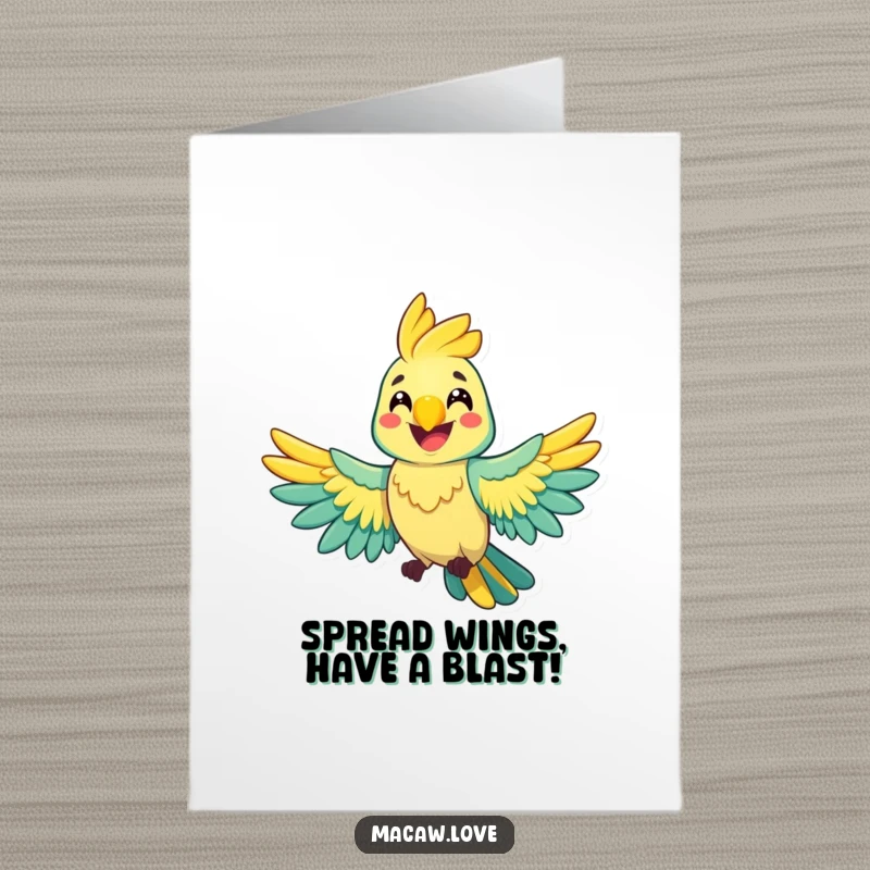 Funny Free Printable Birthday Card: A cheerful macaw with a wide grin, spreading its colorful wings wide.