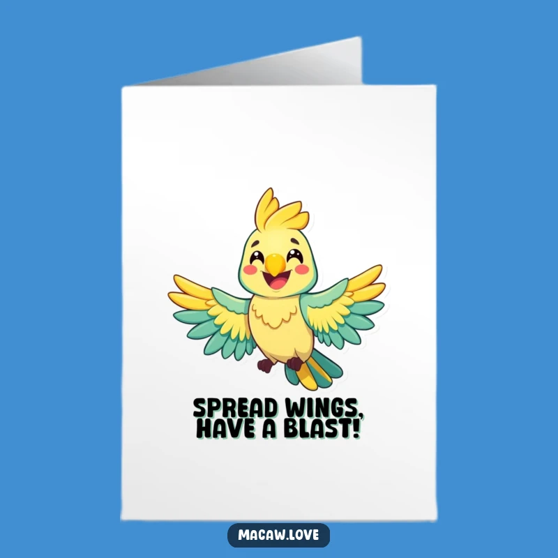 Free Printable Funny Birthday Card: Cheerful Macaw Wings Spread - Downloadable Greeting