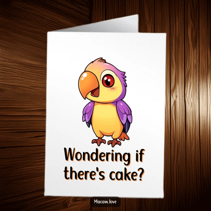 Funny Free Printable Birthday Card: A curious purple and orange macaw tilting its head with intrigue.