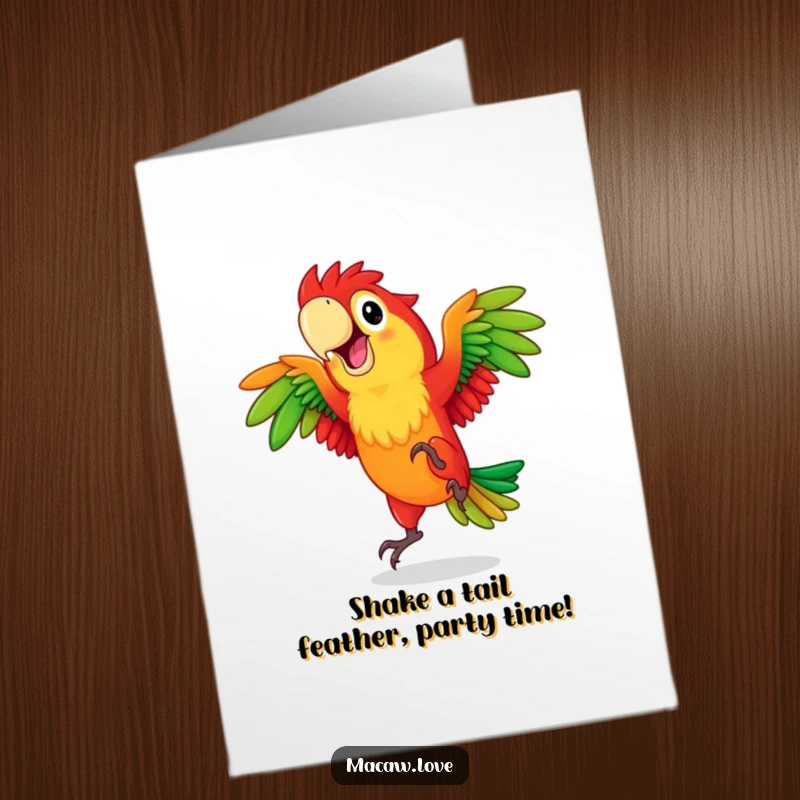 Funny Free Printable Birthday Card: A joyful red and green macaw energetically dancing with pure happiness.