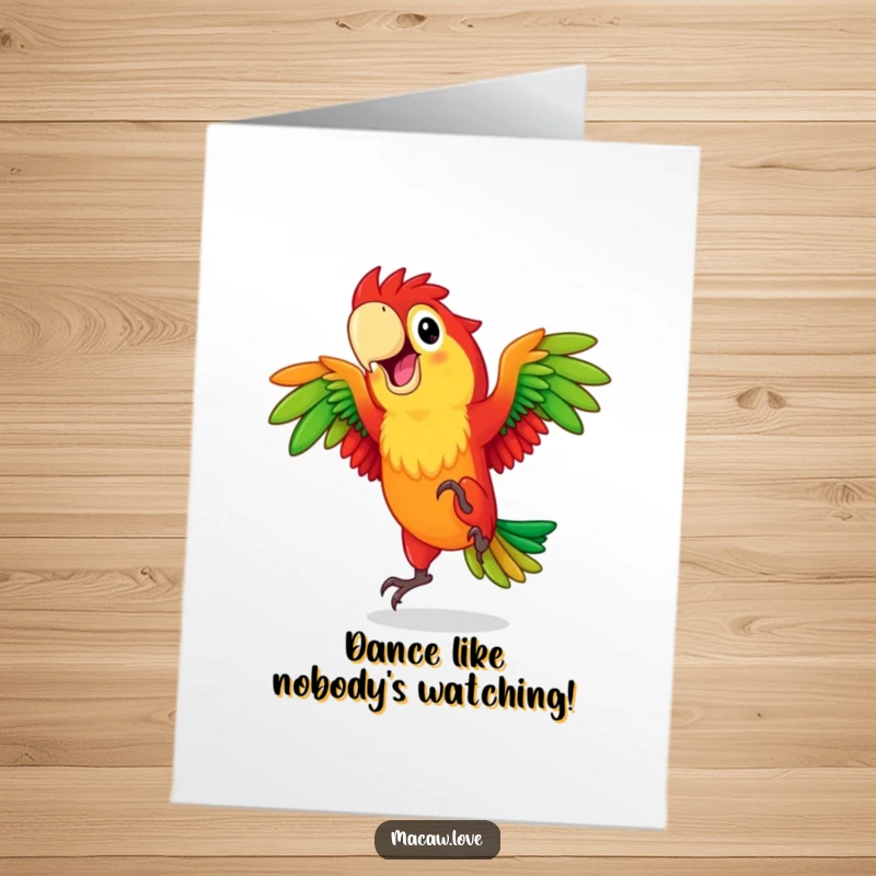 Funny Free Printable Congratulations Card: A vibrant red and green macaw caught mid-dance in celebration.