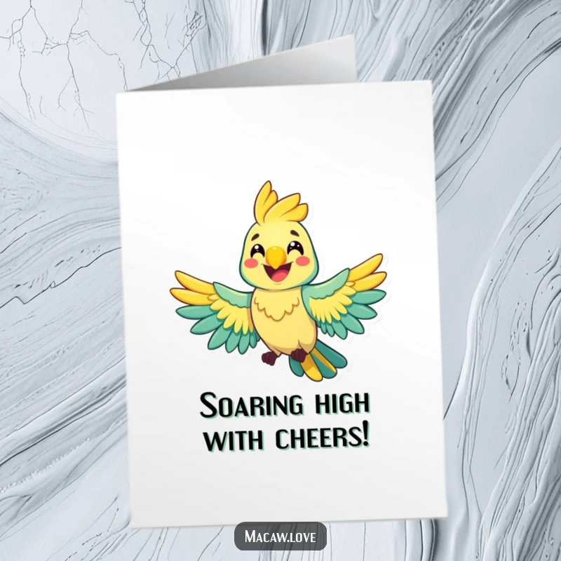Funny Free Printable Congratulations Card: A grinning macaw joyfully spreading its vibrant wings in celebration.