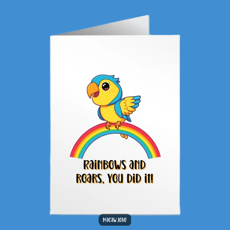 Free Printable Congrats Card: Playful Macaw Rainbow Balance - Downloadable Celebration