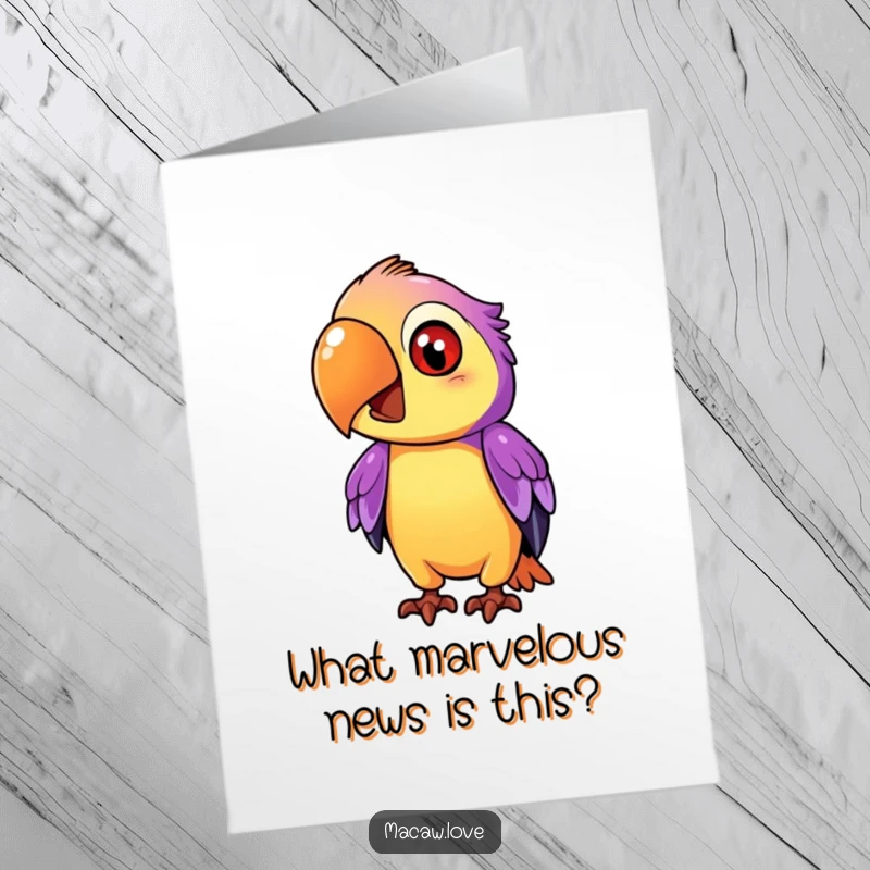 Funny Free Printable Congratulations Card: An inquisitive purple and orange macaw tilting its head thoughtfully.