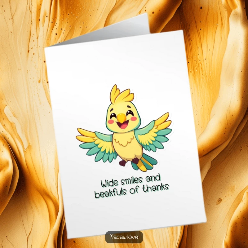 Funny Free Printable Thank You Card: A happy macaw with a wide grin, spreading its wings joyfully.